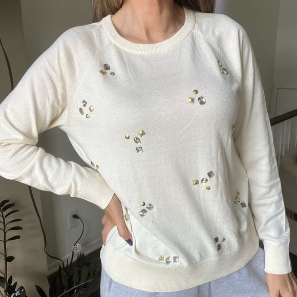 NWT Michael Kors Crewneck Embellished Gen Stone Cream Long Sleeve Knit Sweater M - Picture 4 of 14
